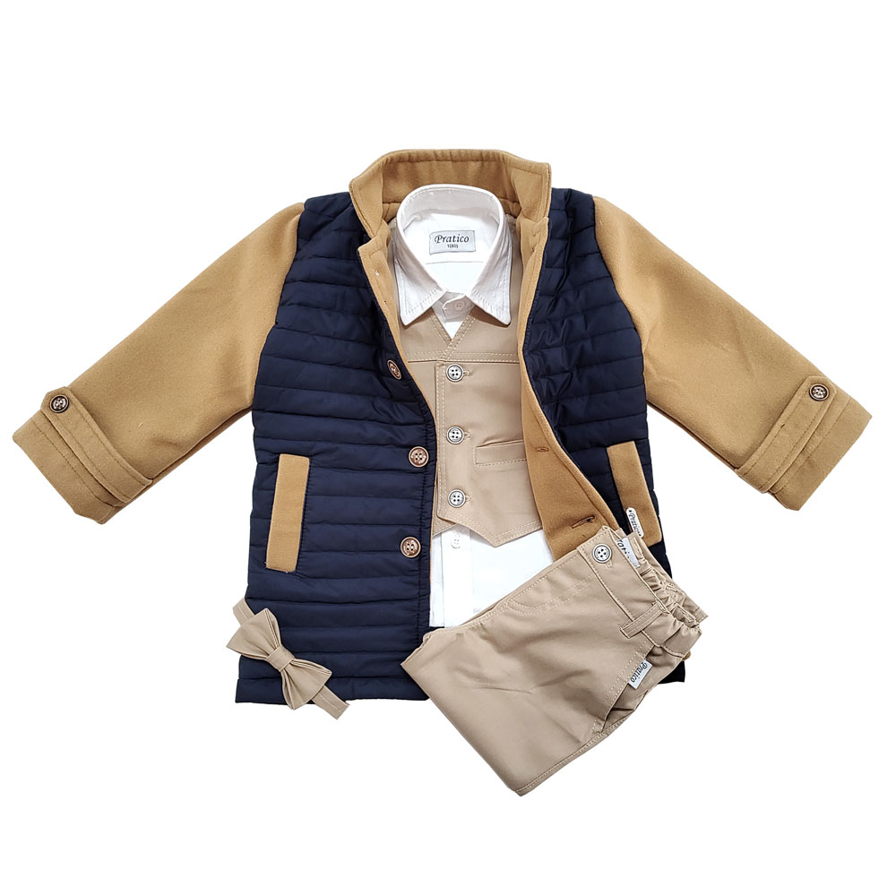 Kapućino-bež/teget/braon komplet za male dečake sa jakna-kaputom