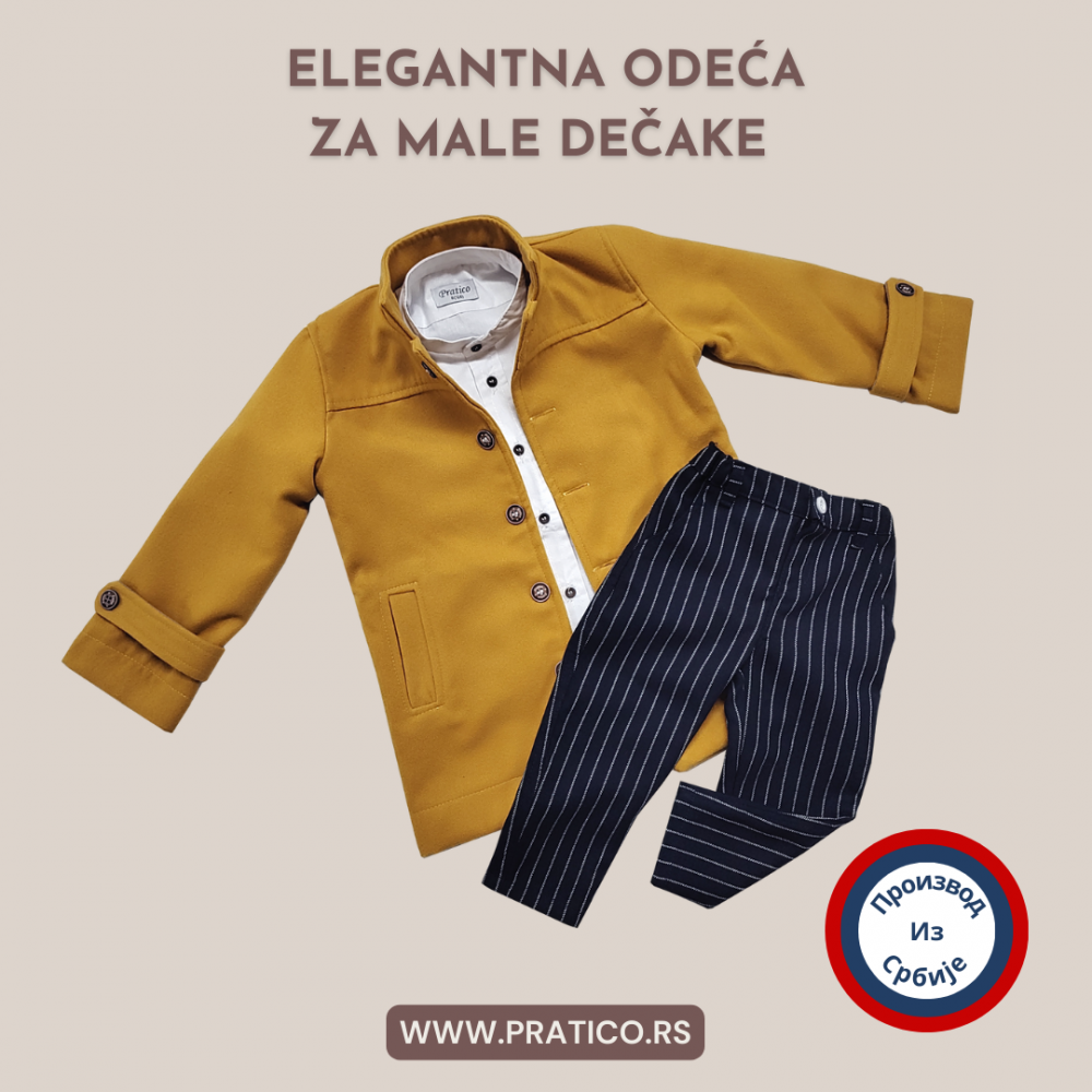 Oker/beli/teget komplet za male dečake sa kaputom