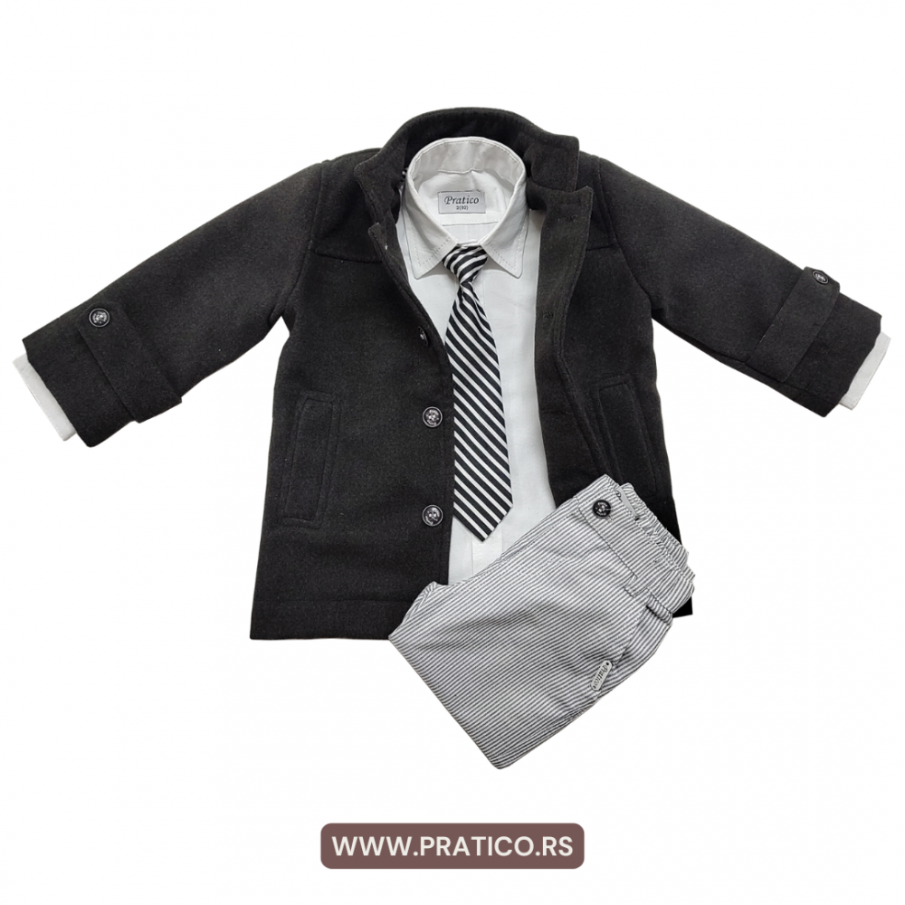 Belo/sivi/pruge komplet za male dečake sa kaputom