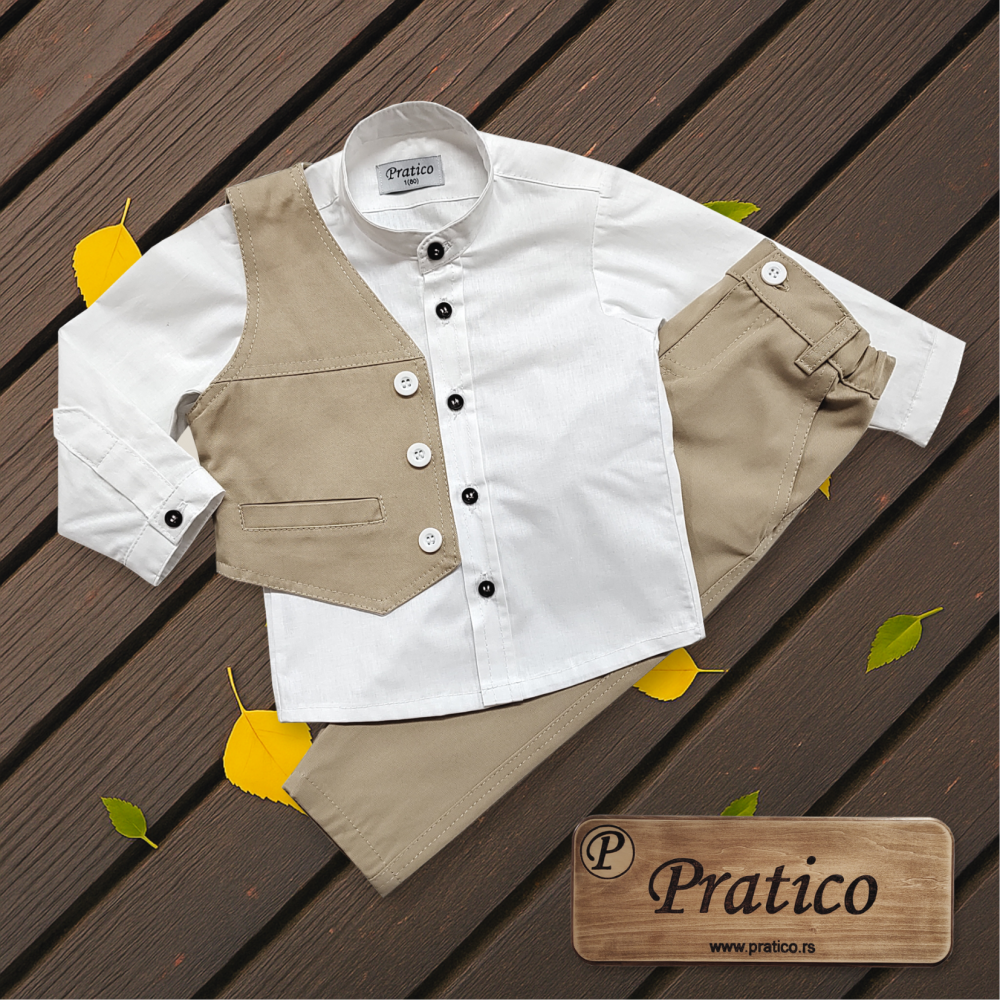 Beli/kapućino-bež trodelni komplet za male dečake