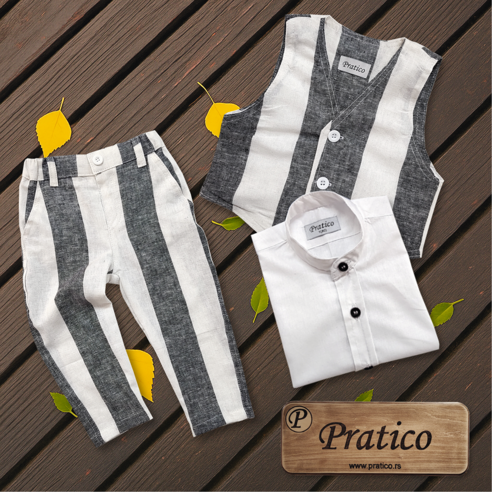 Belo/sivi laneni komplet za male dečake