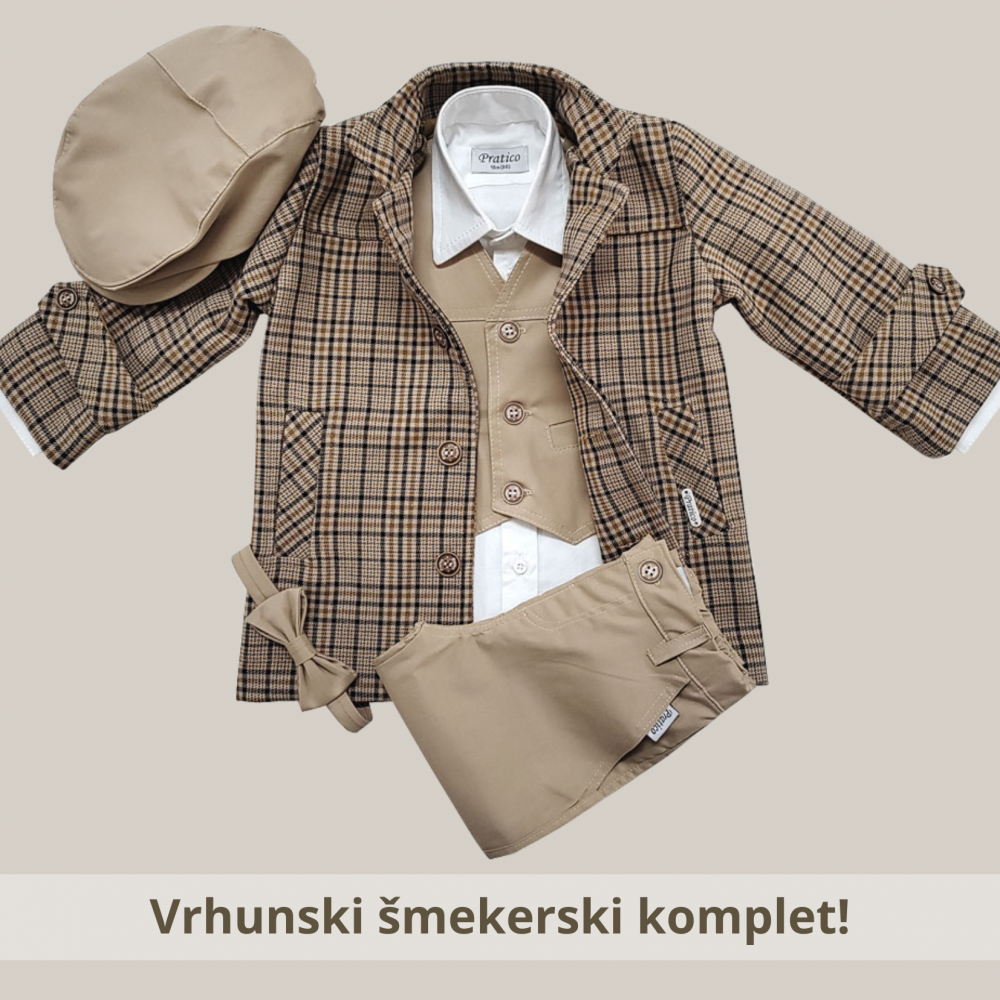 Karirano/kapućino-bež/beli komplet za male dečake sa mantilom