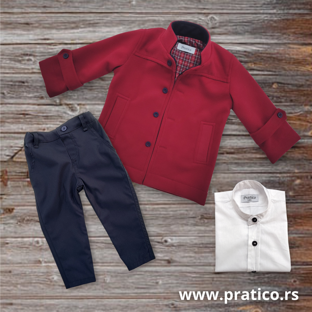 Crveni/teget/beli komplet za male dečake sa kaputom