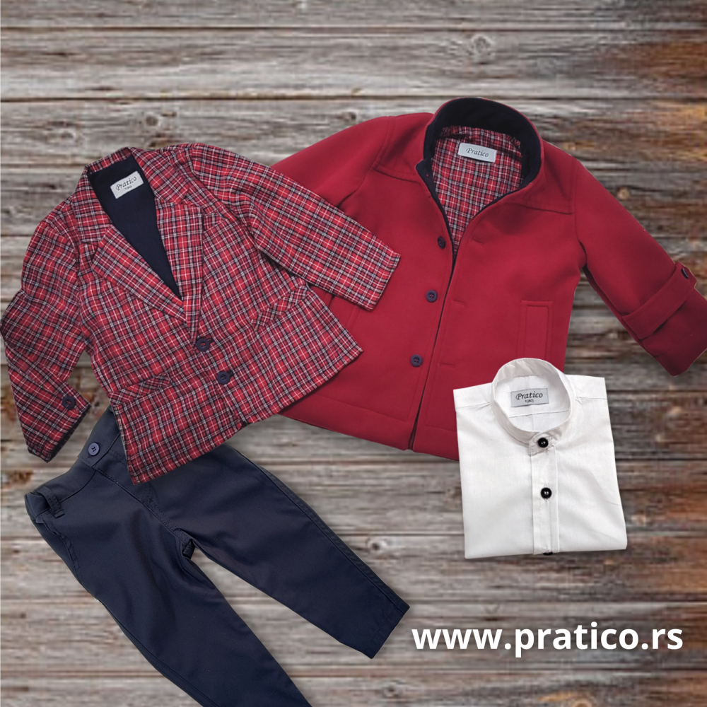 Crveni/karo/teget/beli komplet sa sakoom i kaputom