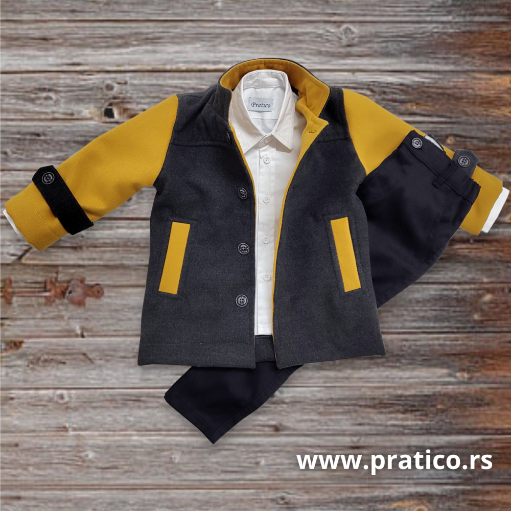 Oker/sivi/crni komplet za male dečake sa kaputom