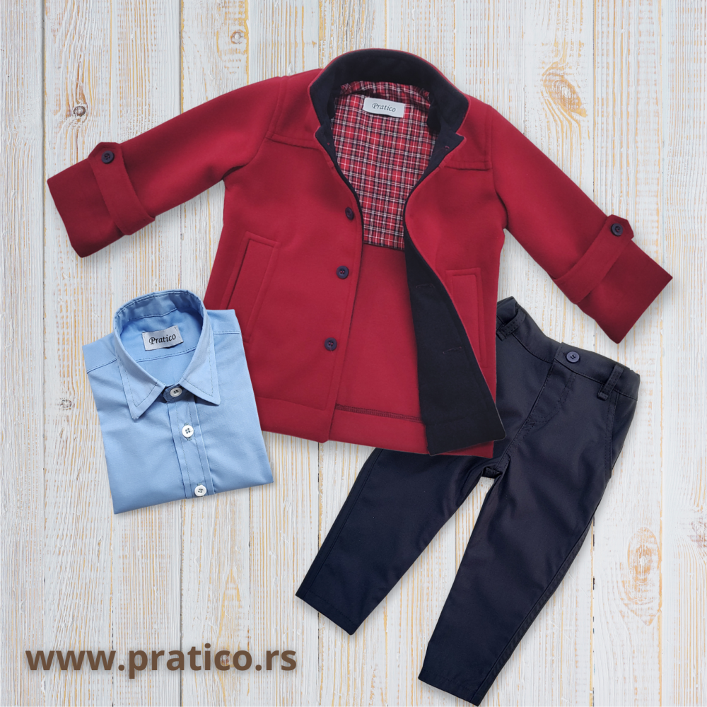 Crveni/teget/plavi komplet za male dečake sa kaputom