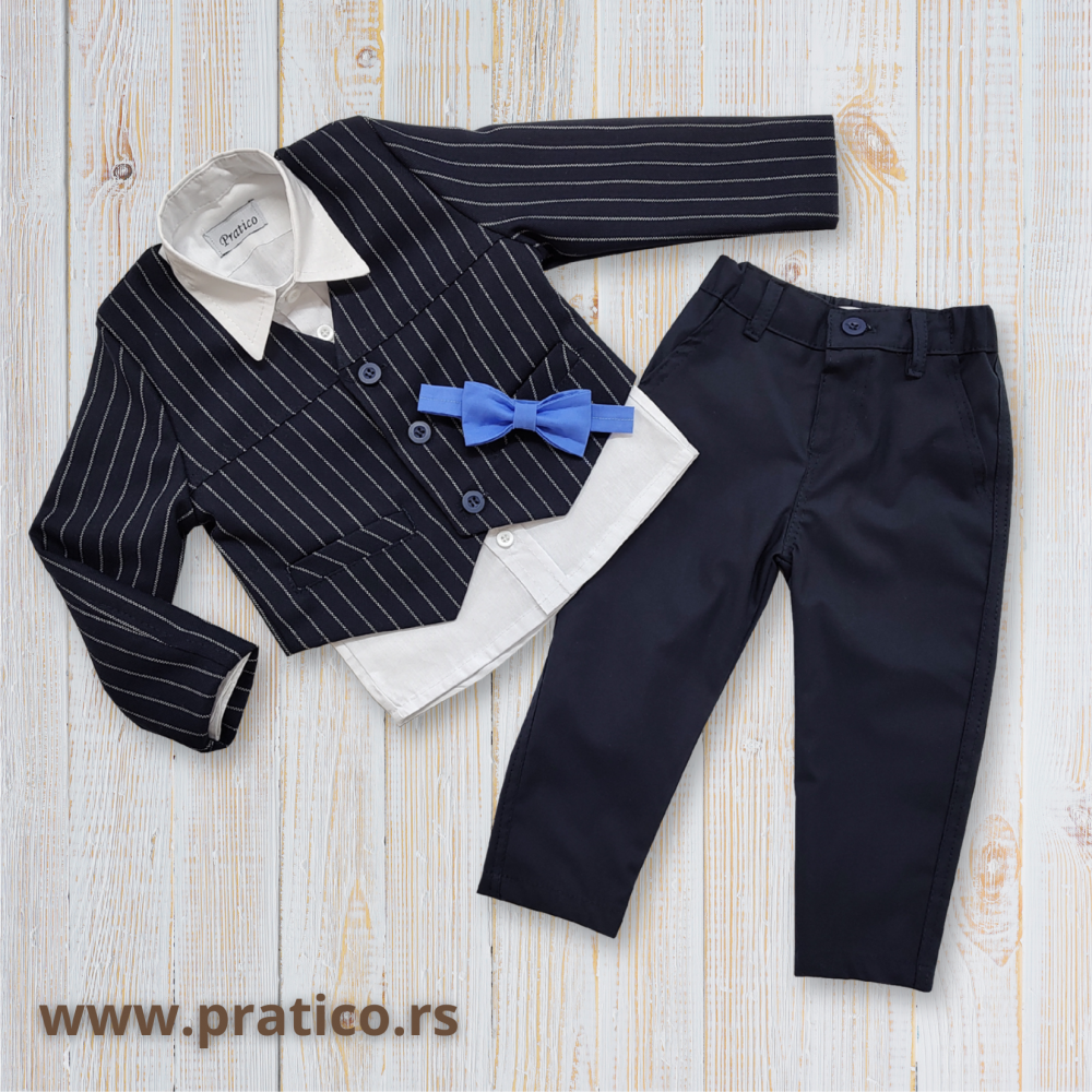 Teget/pruge/beli komplet za male dečake sa prsluk-kardiganom