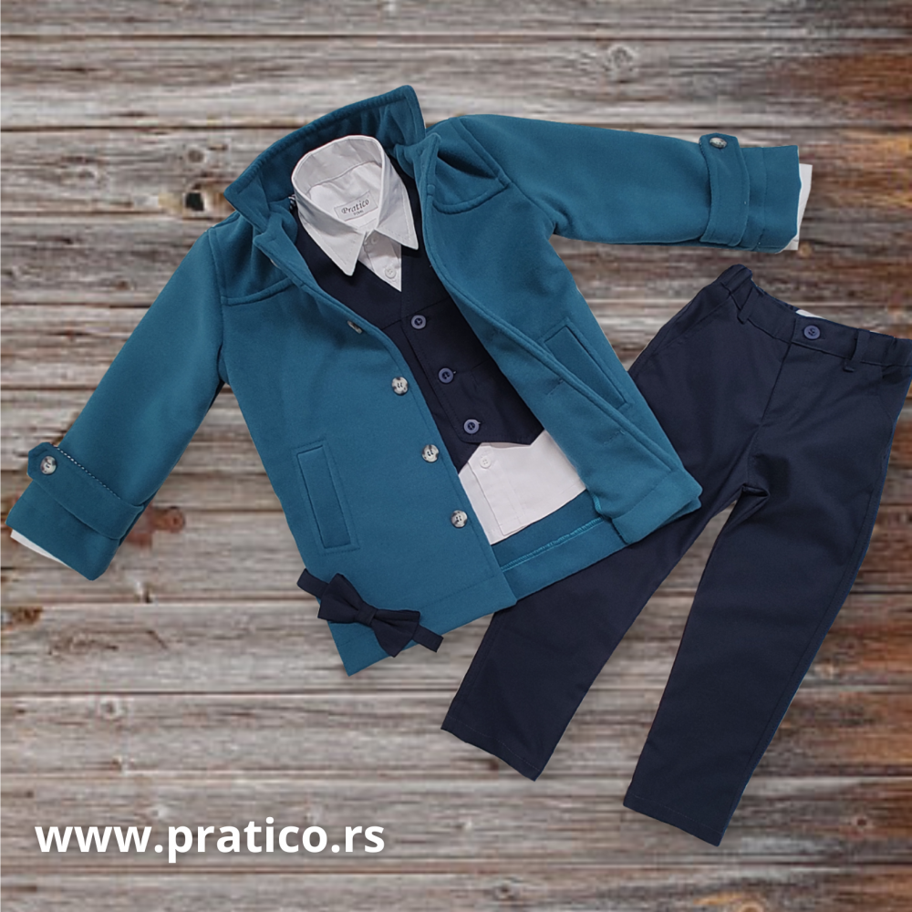 Petrolej/teget/beli komplet za male dečake sa kaputom
