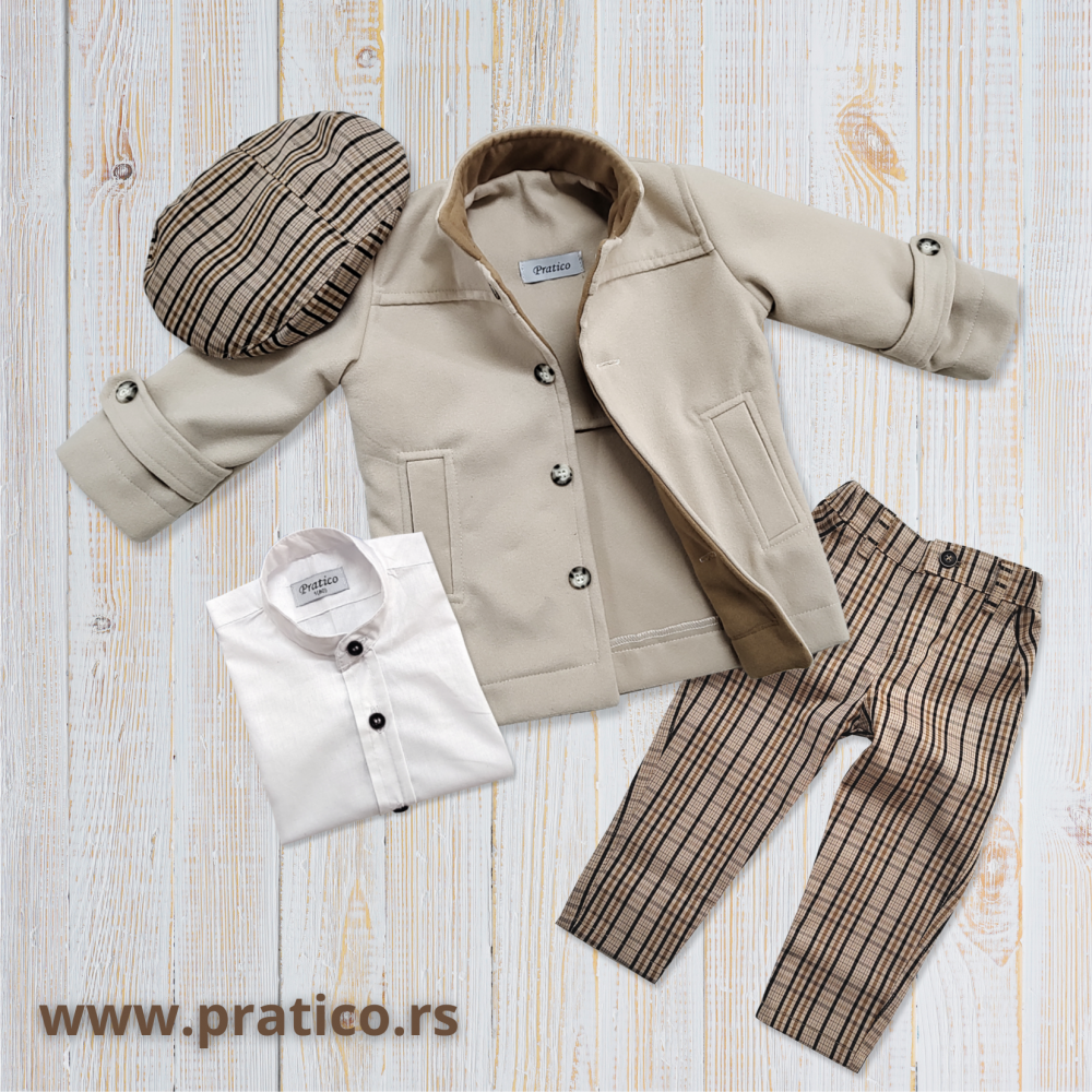 Bež/karamel/karirani komplet za male dečake sa kaputom 