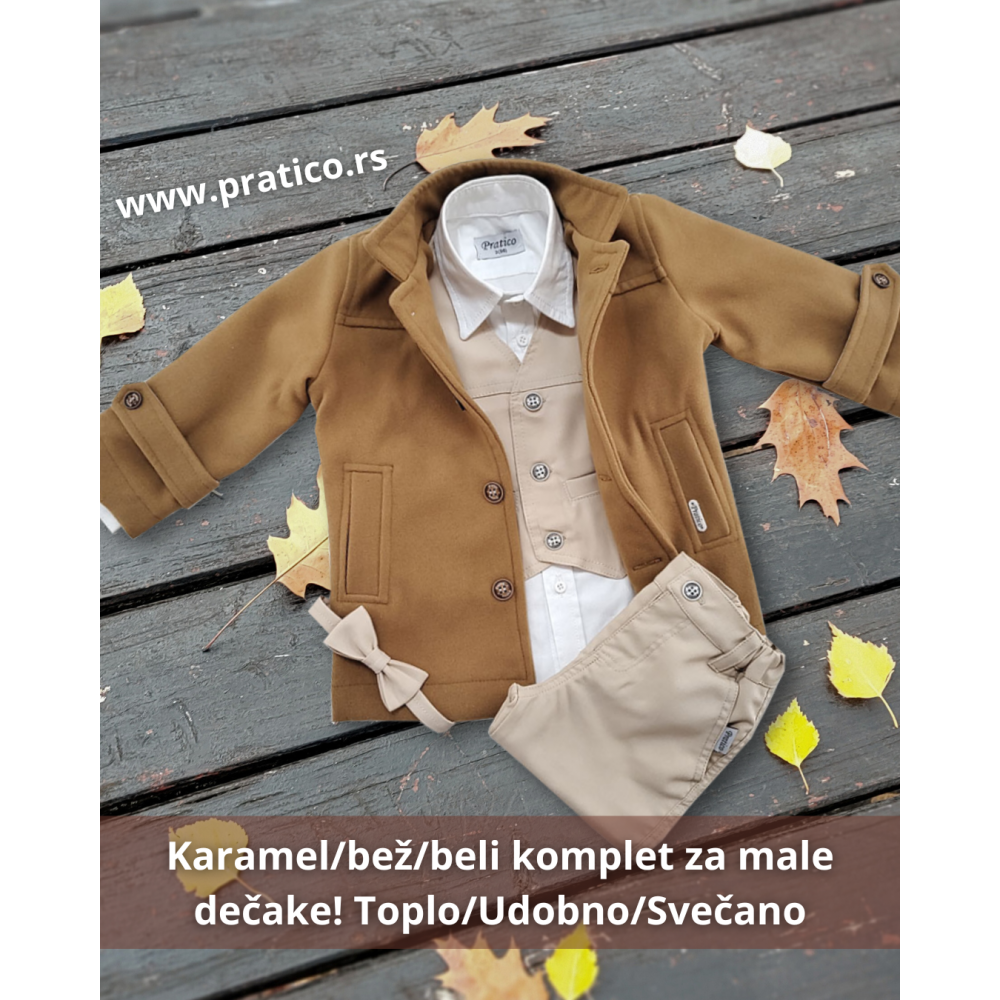 Karamel/bež/beli komplet za male dečake sa kaputom